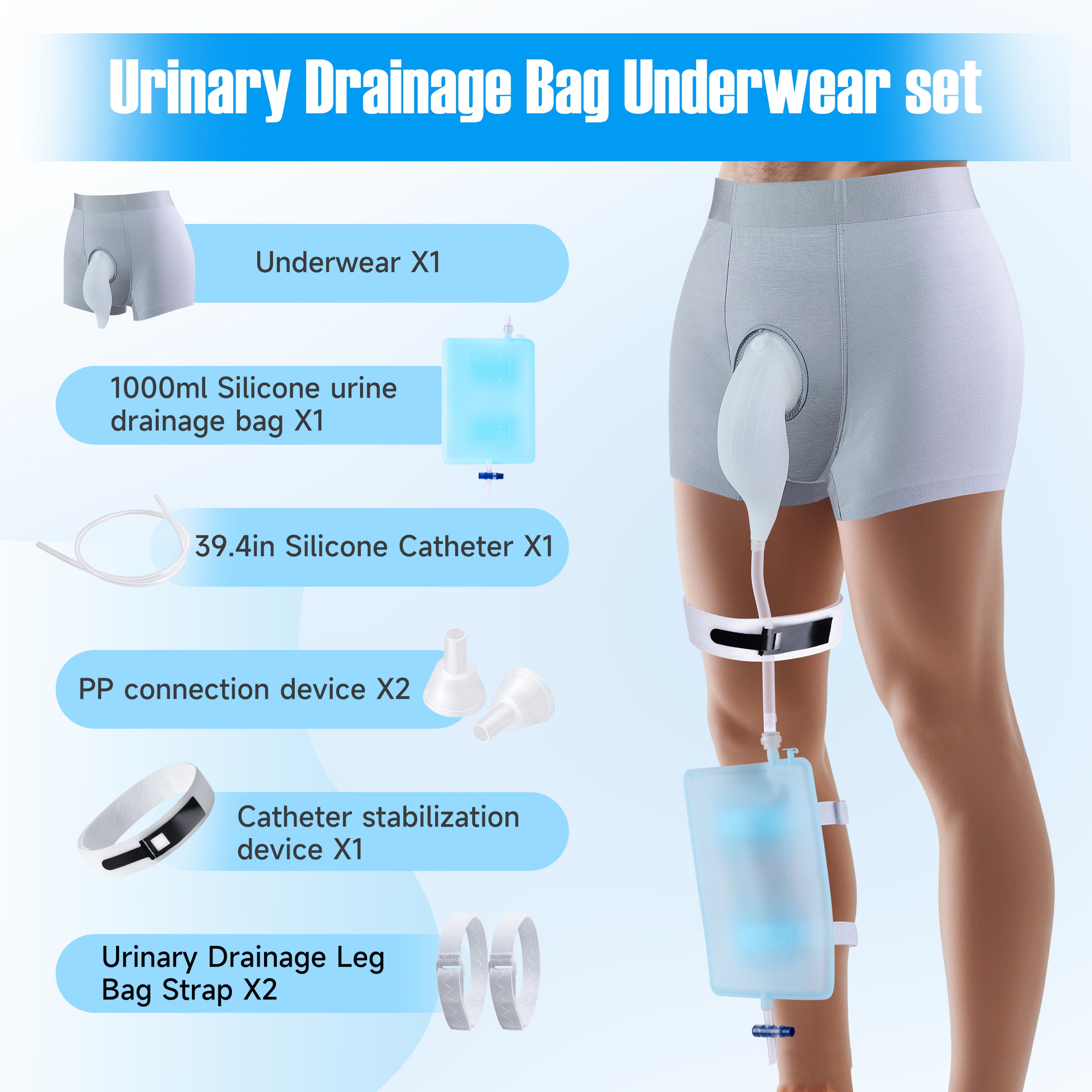 Men's External Catheter Kit, Anti-Slip Wearable Urine Collector with Detachable 1000mL Silicone Bag, 39.4-Inch Trimmable Tube for Travel, Driving and Wheelchair Use
