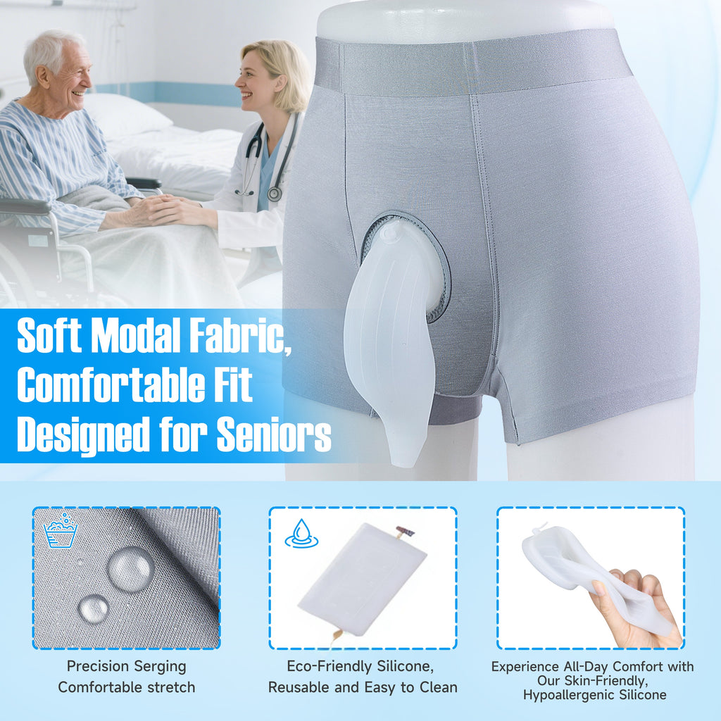 Men's External Catheter Kit, Anti-Slip Wearable Urine Collector with Detachable 1000mL Silicone Bag, 39.4-Inch Trimmable Tube for Travel, Driving and Wheelchair Use
